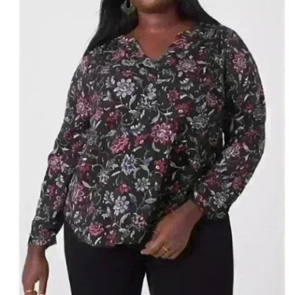 Lane Bryant Black Floral Popover Split neck Blouse Metallic Sz 24 EUC